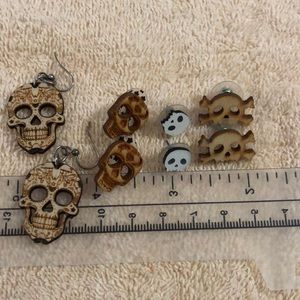 Set of Wooden Skull Earrings